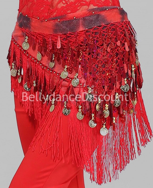Red and black oriental scarf with fringes