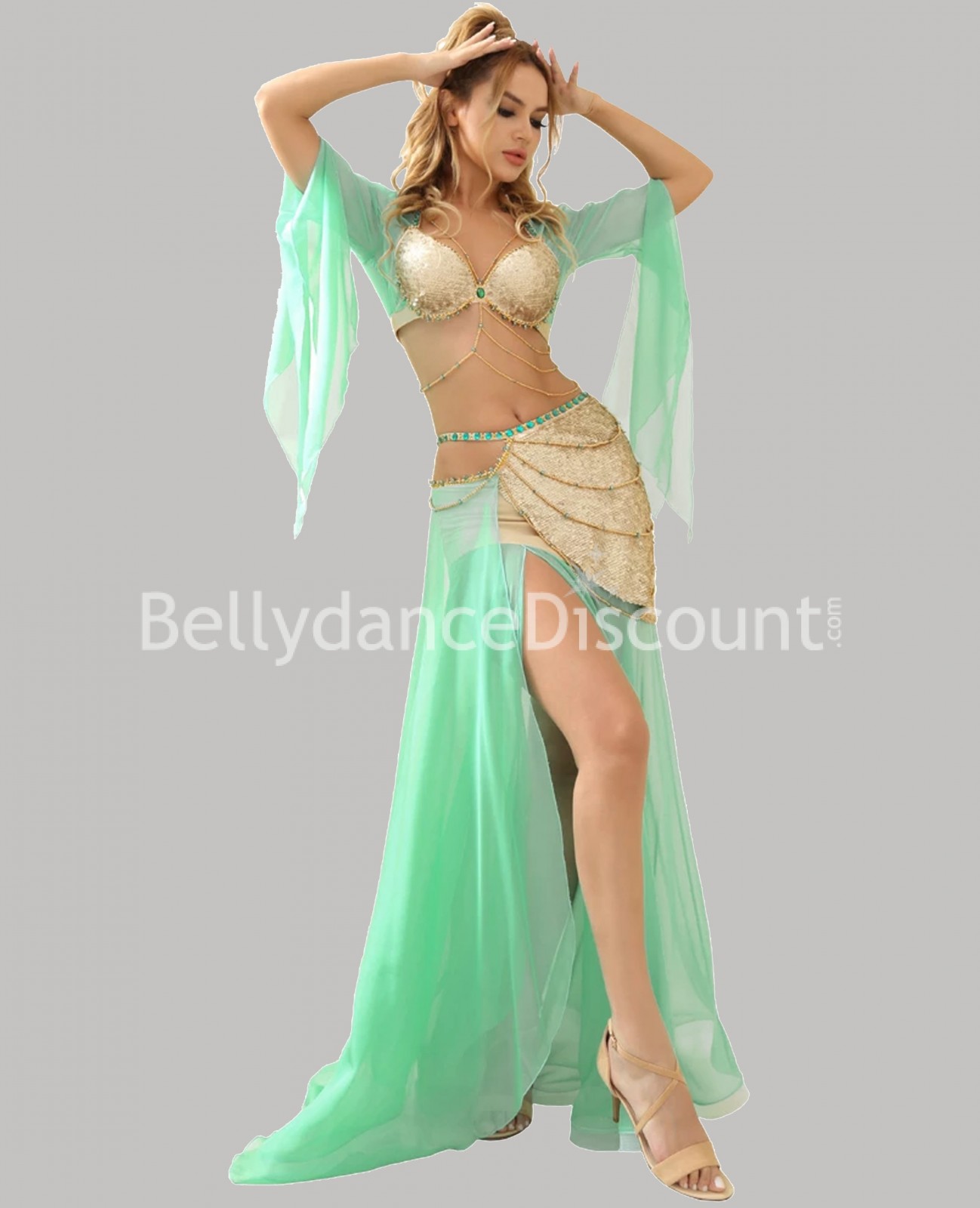 Costume de danse orientale vert d'eau et or