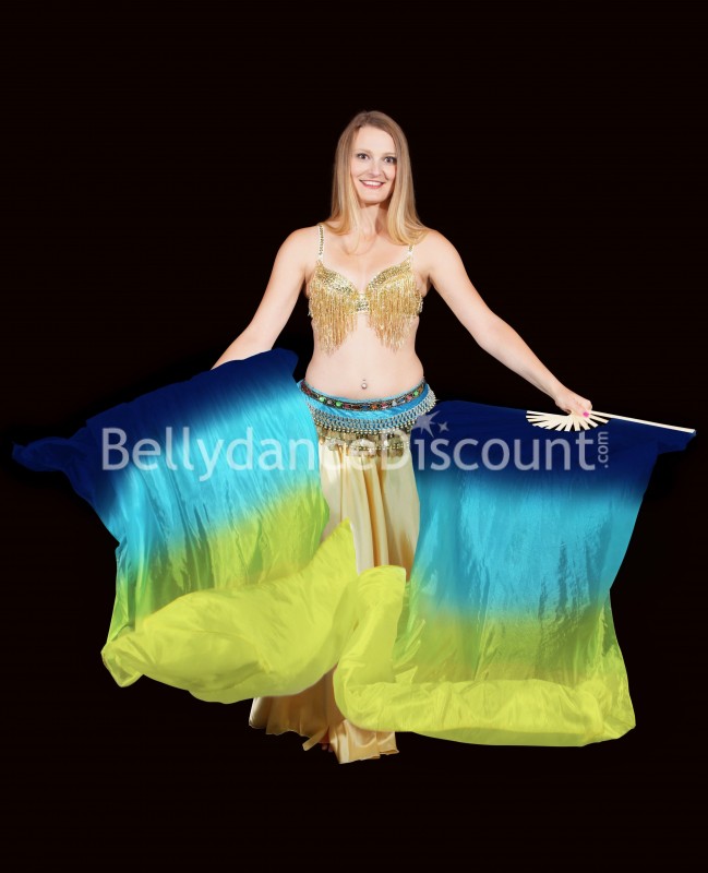 Ventagli di danza del ventre pura seta blu navy, turchese e giallo