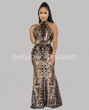 Vestido de danza del vientre con lentejuelas en negro y dorado