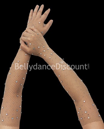 Beige fishnet gloves with rhinestones