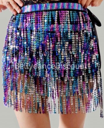 Bellydance belt with blue purple sequined fringes