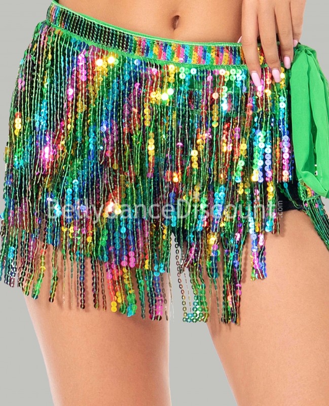 Ceinture de danse orientale franges pailletées verte et multicolore Ceinture de danse orientale franges pailletées verte et multicolore