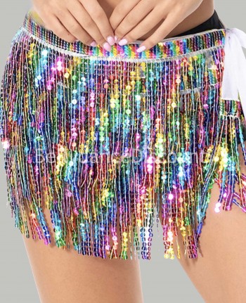 Cinturón danza del vientre blanco con flecos multicolor de lentejuelas