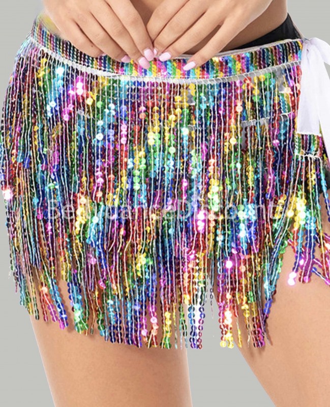 Cintura di danza del ventre bianca e multicolore frange con paillettes