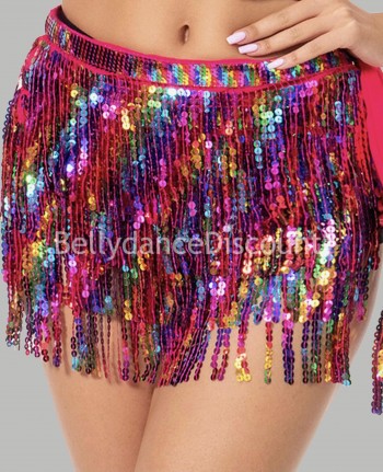 Ceinture de danse orientale franges pailletées rose et multicolore