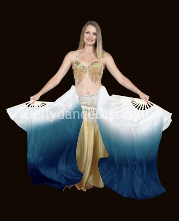 Par de abanicos danza del vientre en pura seda blanco y azul petróleo