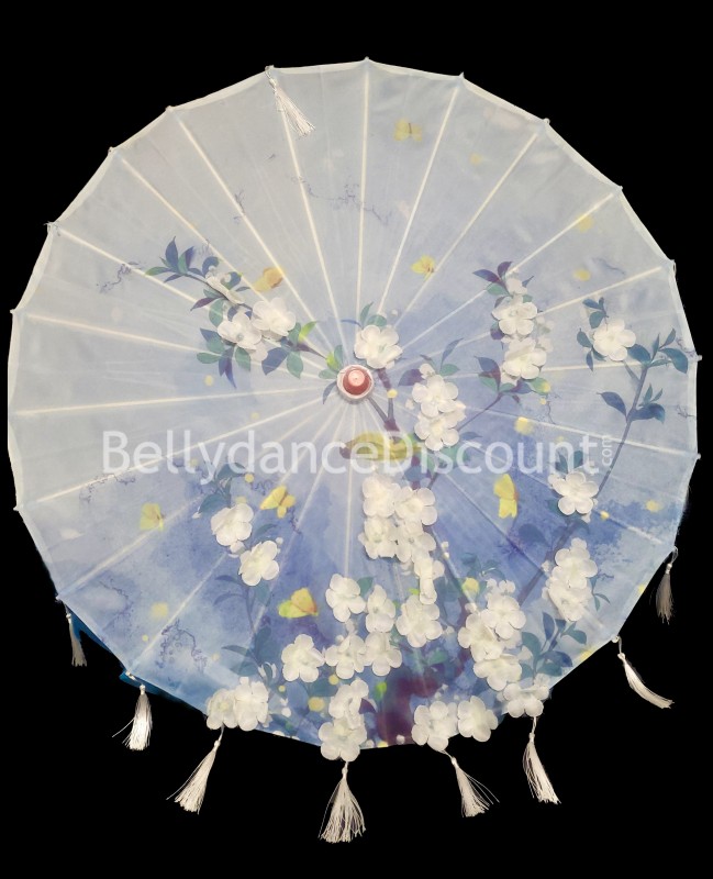 Ombrelle fleurs et rubans bleu
