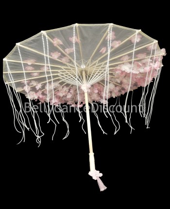 Umbrella with white powder pink flowers and pearls