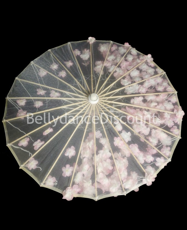 Sombrilla con perlas y flores rosa empolvado y blanco