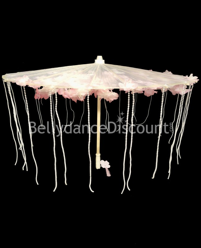 Umbrella with white powder pink flowers and pearls