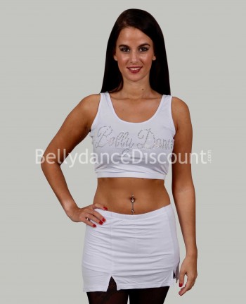 Camiseta de tiras + faldita blanca con impreso en brillantes “Bellydance”