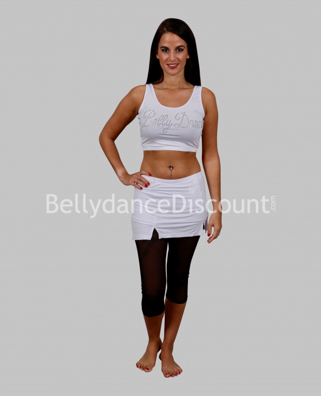 Camiseta de tiras + faldita blanca con impreso en brillantes “Bellydance”