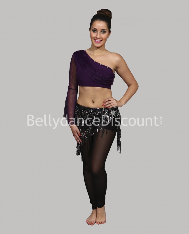 Top di danza del ventre 1 manica con strass viola