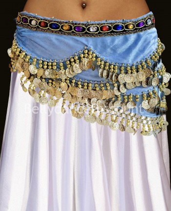 Ceinture de danse orientale velours bleu ciel et or