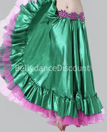 Emerald green and pink oriental dance satin skirt