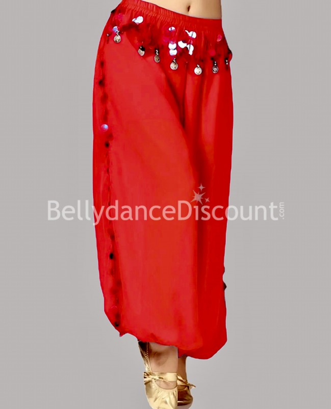 Pantalón de danza del vientre rojo con cinturón integrado
