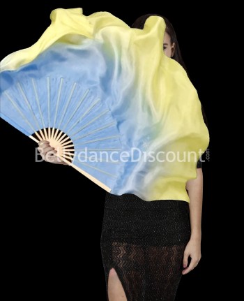 Éventail en soie mi-long jaune bleu