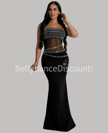Schwarzes Fischnetz-Tanzkleid mit Strasssteinen