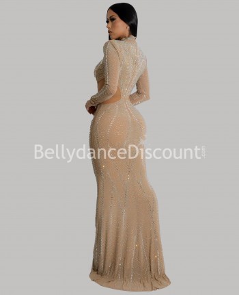 Robe longue beige opaque à strass