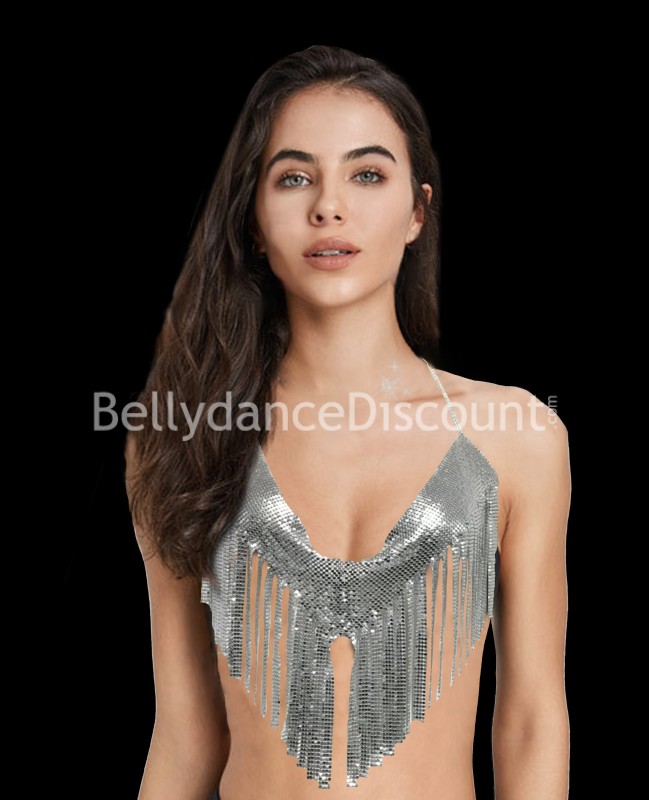 Crop-Top mit Fransen in Metallic-Silber