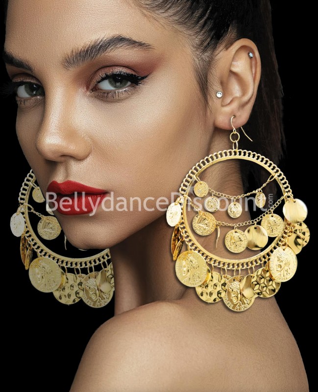 Large gold hoop earrings with sequins