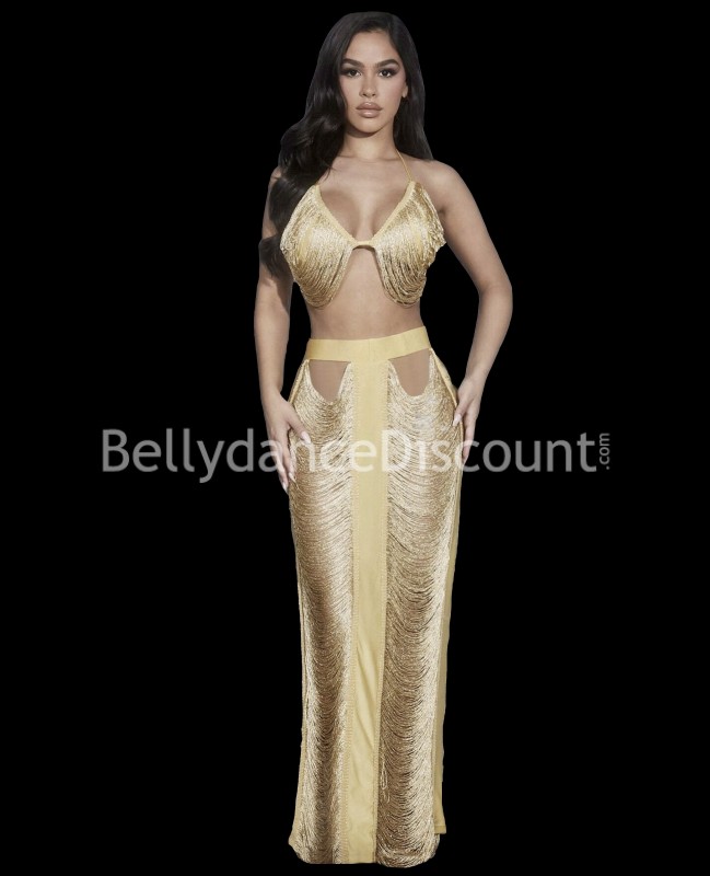 Gold oriental dance costume with fringes