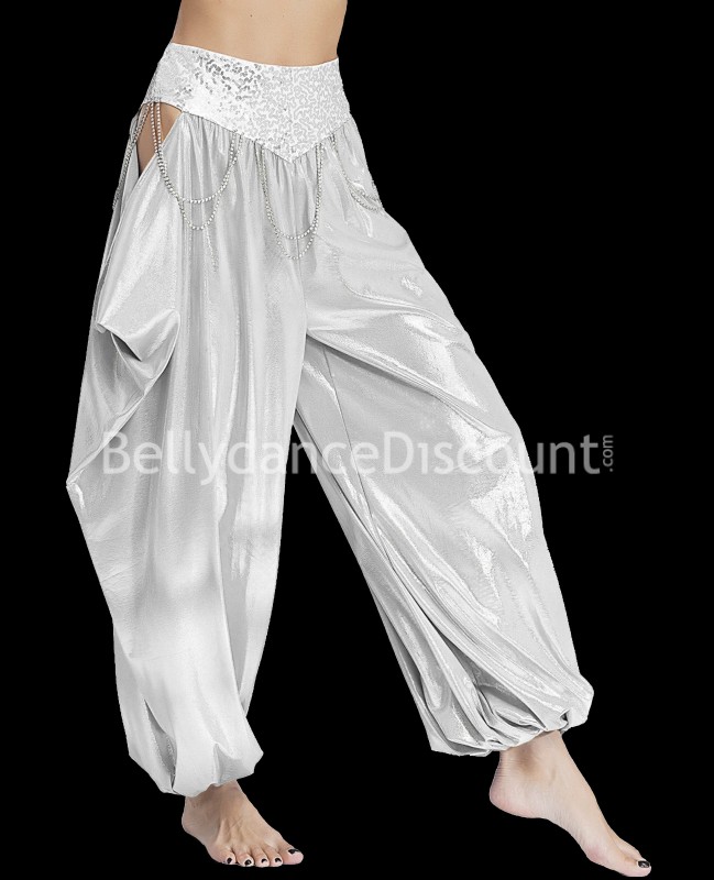 Pantaloni di danza orientale metallizzati argento