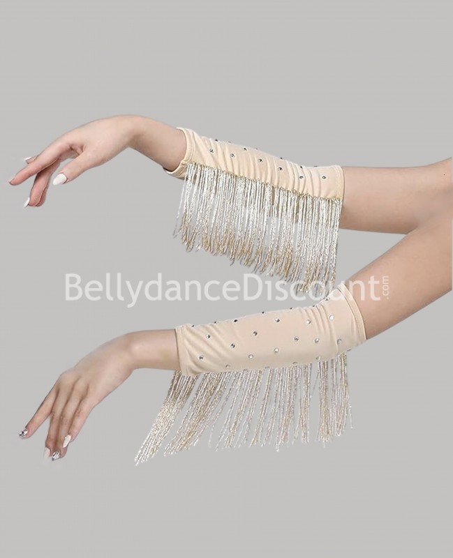 Manchettes de danse franges et strass couleur peau