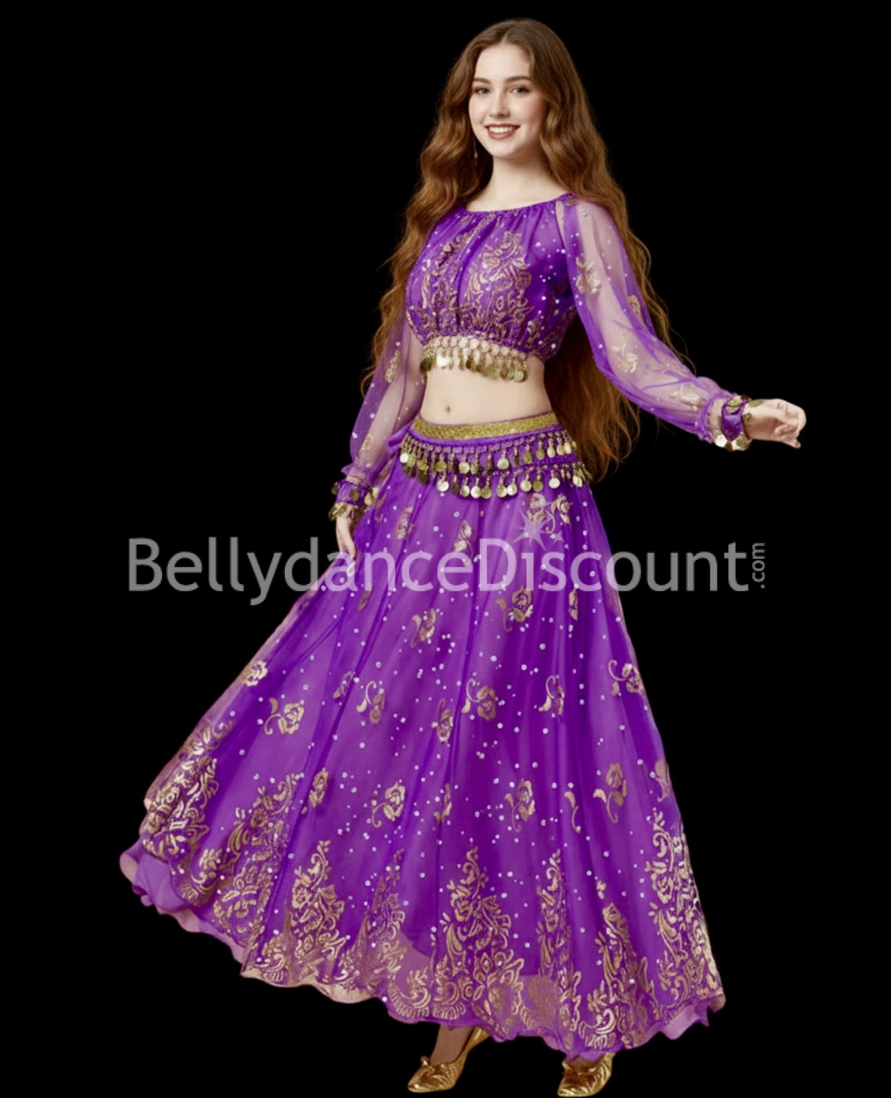 Women Purple Imported Chiffon Belly Dance Costume Indian Dance Skirt with Coins XChangeFun 35.4in Chiffon Women main image 2