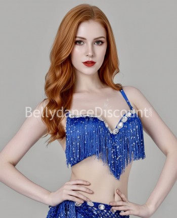 Soutien-gorge de danse orientale bleu nuit franges et paillettes
