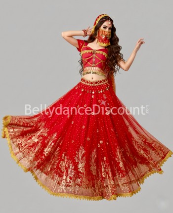 Costume 3 pezzi di danza indiana Bollywood rosso oro