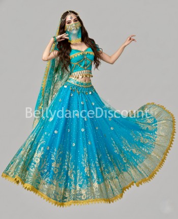Costume 3 pièces de danse indienne Bollywood turquoise or