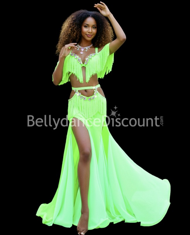 Green Bellydance costume with fringes and rhinestones Green Bellydance costume with fringes and rhinestones