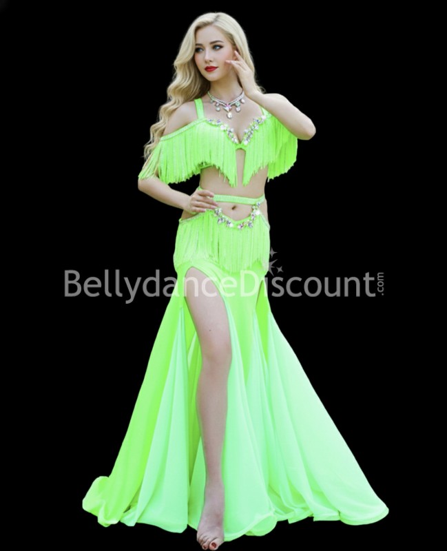 Green oriental dance costume with fringes and rhinestones