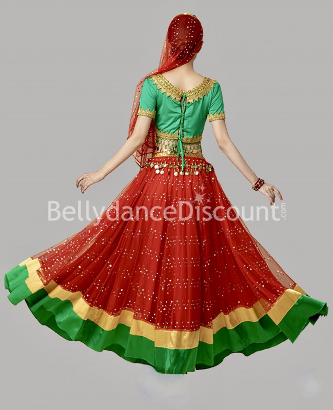 Traje de baile indio de Bollywood de 4 piezas rojo y verde