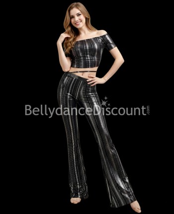 Tenue d'entraînement de danse orientale métallisée noire argent
