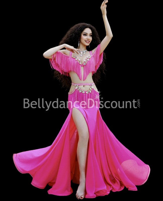 Costume di danza del ventre rosa frange e strass
