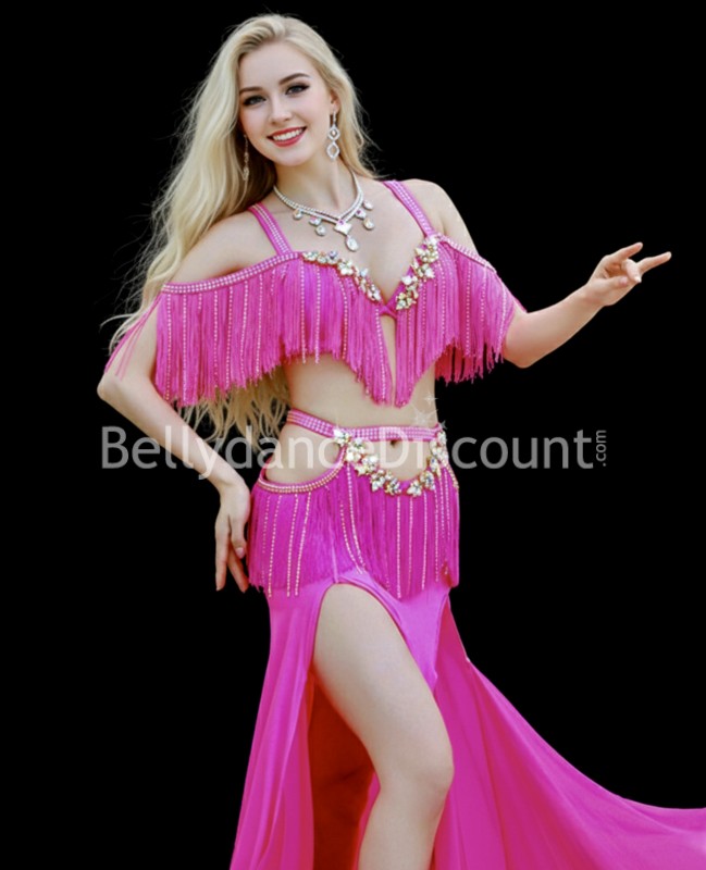 Traje de danza del vientre rosa flecos y pedrería