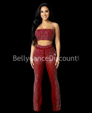 Top + pantaloni bordeaux con strass