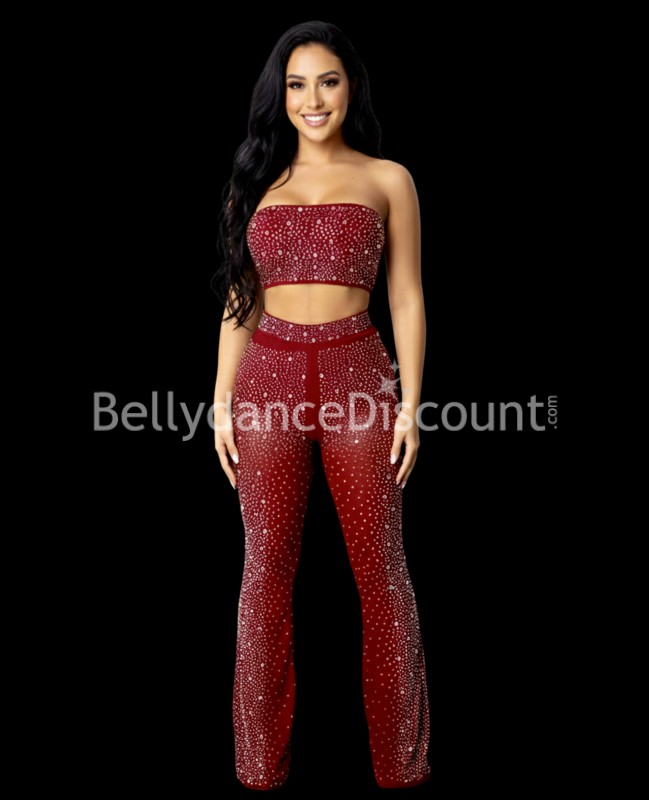 Top + pantaloni bordeaux con strass