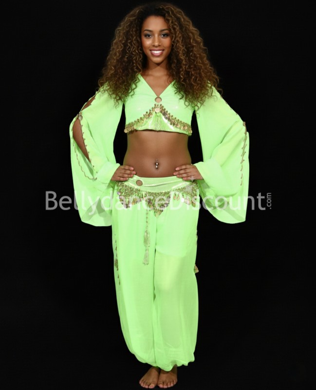 Top verde di danza del ventre con maniche