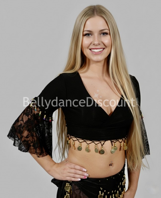 Top cruzado negro en lentejuelas y encaje para danza oriental