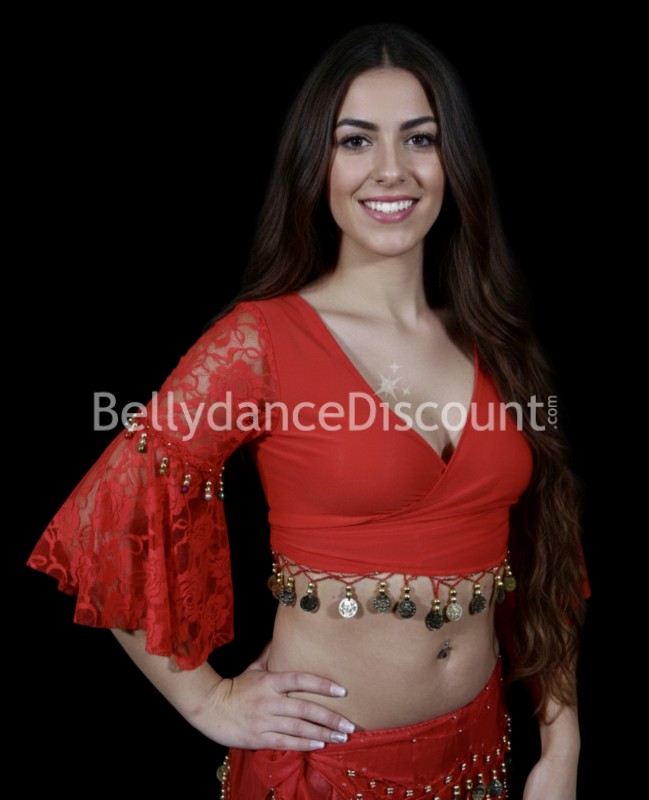 Wickelbluse für den orientalischen Tanz in Rot mit Münzen und Spitze