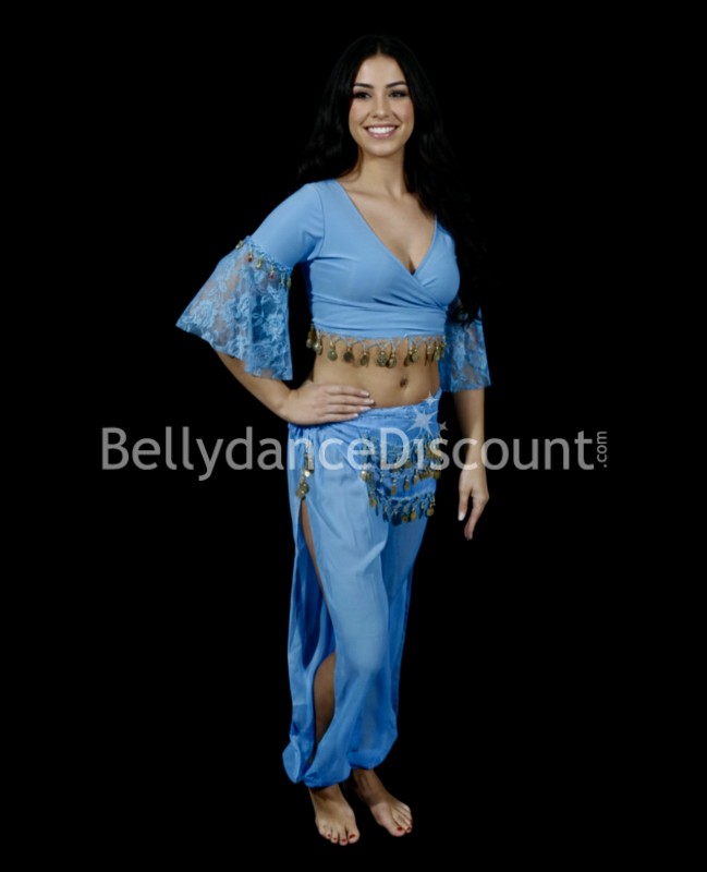 Wickelbluse für den orientalischen Tanz in Hellblau mit Münzen und Spitze
