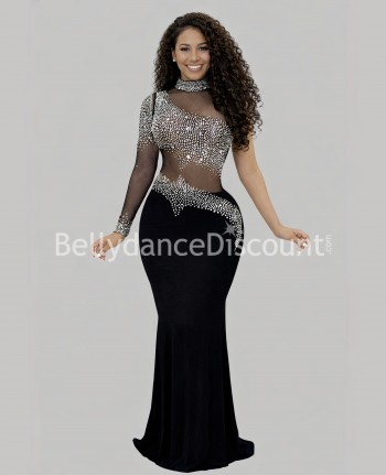 Semi-transparent long black dance dress with rhinestones