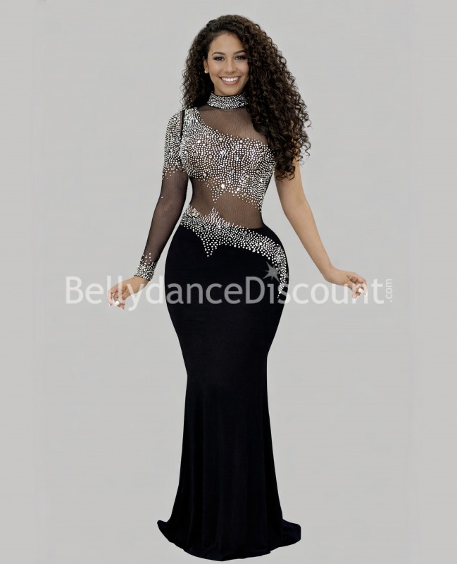 Langes, halb-transparentes Tanzkleid Schwarz mit Strass