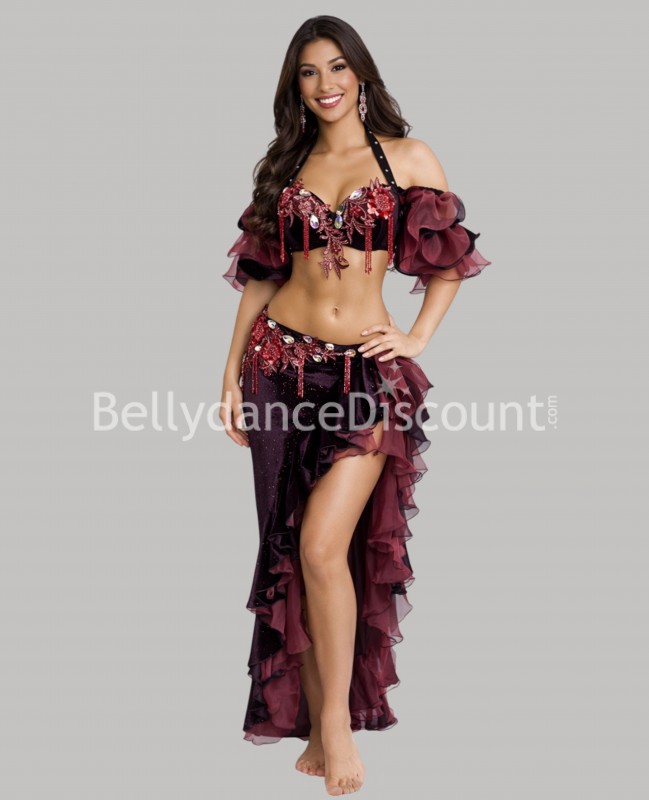 Traje de danza oriental asimétrico burdeos de terciopelo