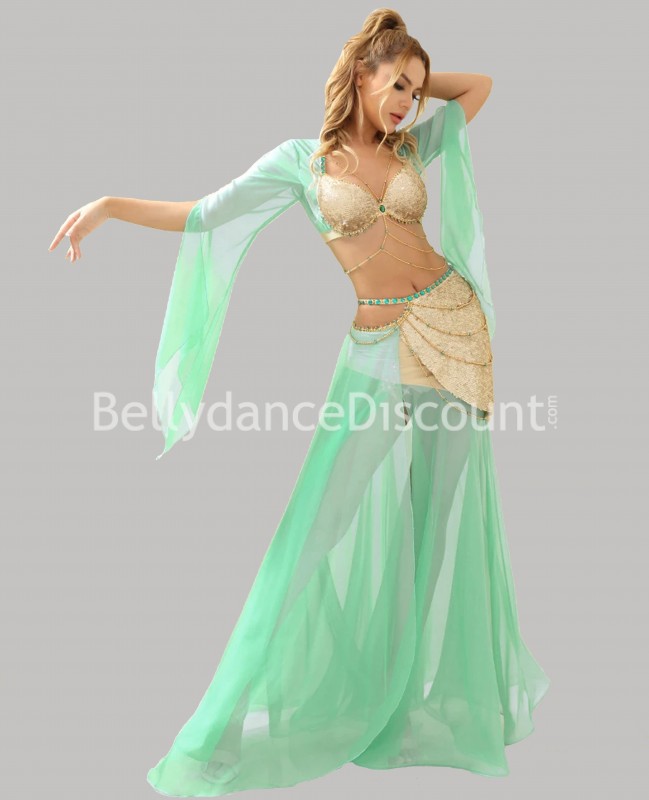 Costume di danza del ventre verde acqua e oro