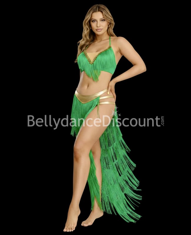 Green and gold fringe belly dance costume